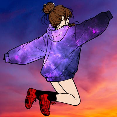 realistic girl jumping with a bun and oversized sweatshirt