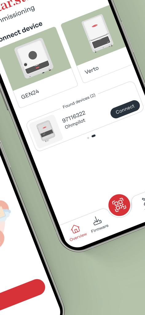 Interface of the Fronius Solar.start app showing found devices like Ohmpilot and Gen24 for commissioning