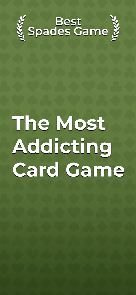 Spades For Seniors: Card Game - Tela do jogo de cartas Spades Para Idosos com o texto O Jogo de Cartas Mais Viciante em um fundo verde com padrões de naipe.