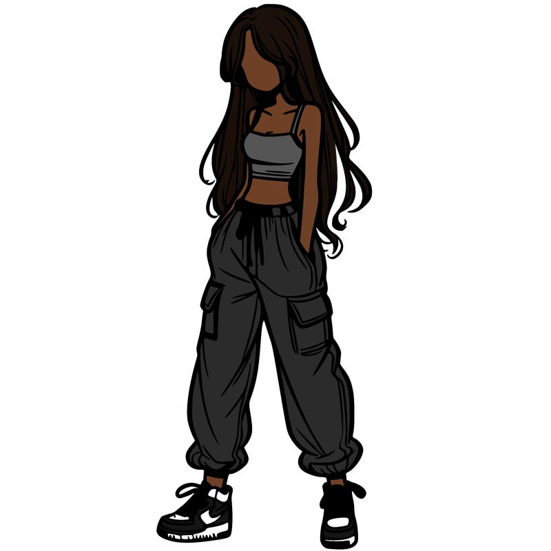 girl in baggy pants crop top and long hair