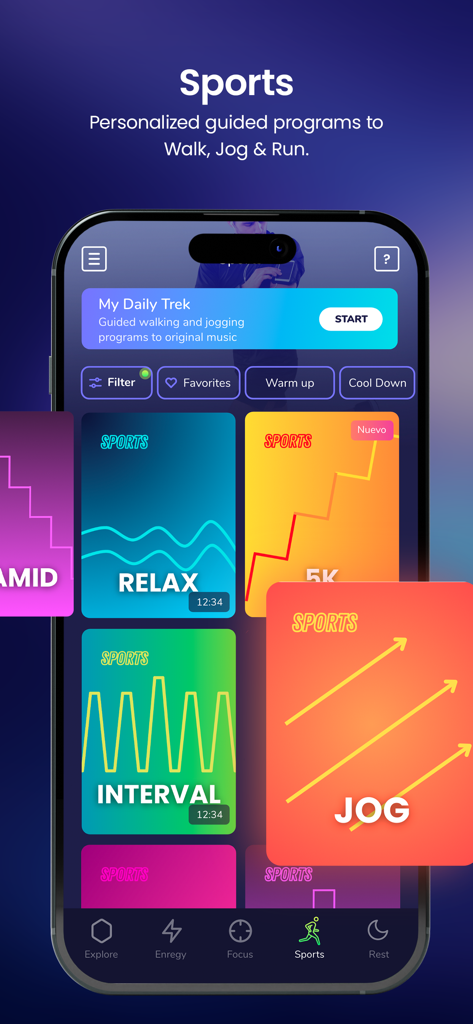 Aloharmony - Pantalla de la aplicación Aloharmony que muestra programas deportivos para caminar, trotar y correr con tarjetas de música para Relajarse, Intervalo y Caminar.