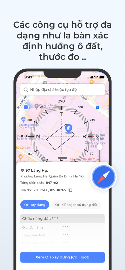 Meey Map - Tra quy hoạch 4.0 - Meey Map app interface displaying a digital compass on a real estate planning map for land analysis.