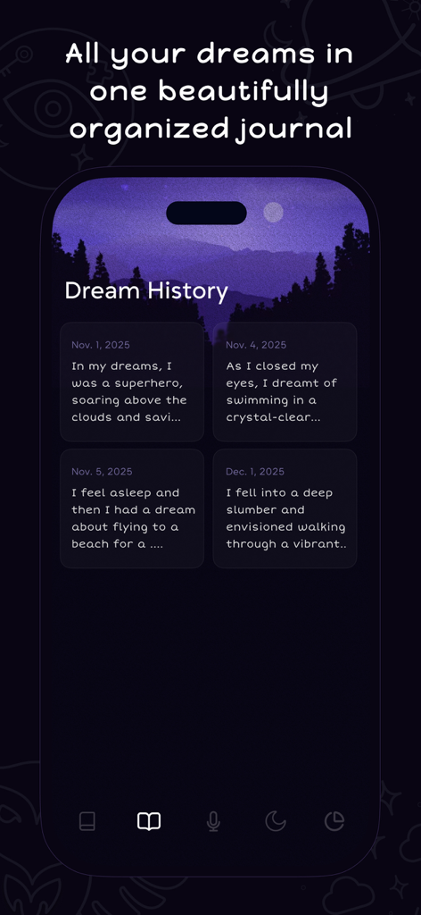 DreamOwl: Dream Journal - Organized dream history view in the DreamOwl app showing a list of recorded dreams by date