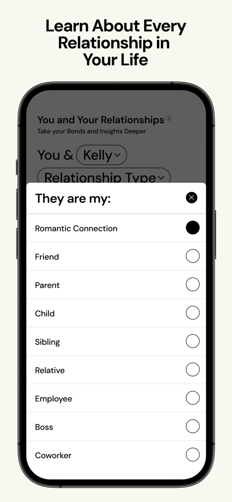 L'interfaccia dell'app The Pattern che mostra la selezione della categoria di relazione per la compatibilità del legame.