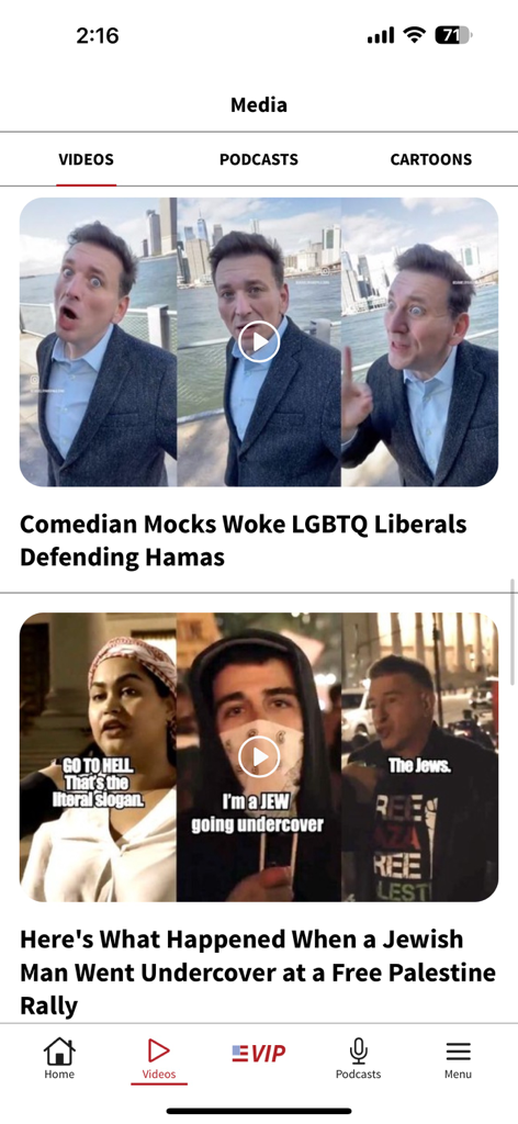 THM News - THM News app interface showing the videos section with conservative news and political commentary clips