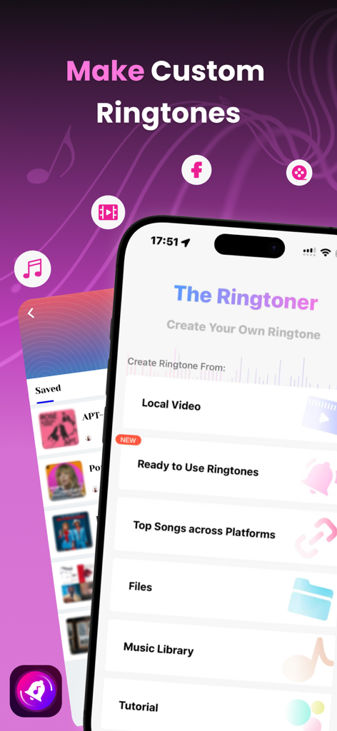 The Ringtoner Create Ringtones - The Ringtoner app home screen on an iPhone showing options to create custom ringtones from local videos and music files