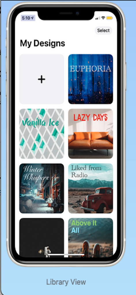 Covers Maker & Design Pro Art - Interface of the Covers Maker app displaying a library of saved music album cover art designs
