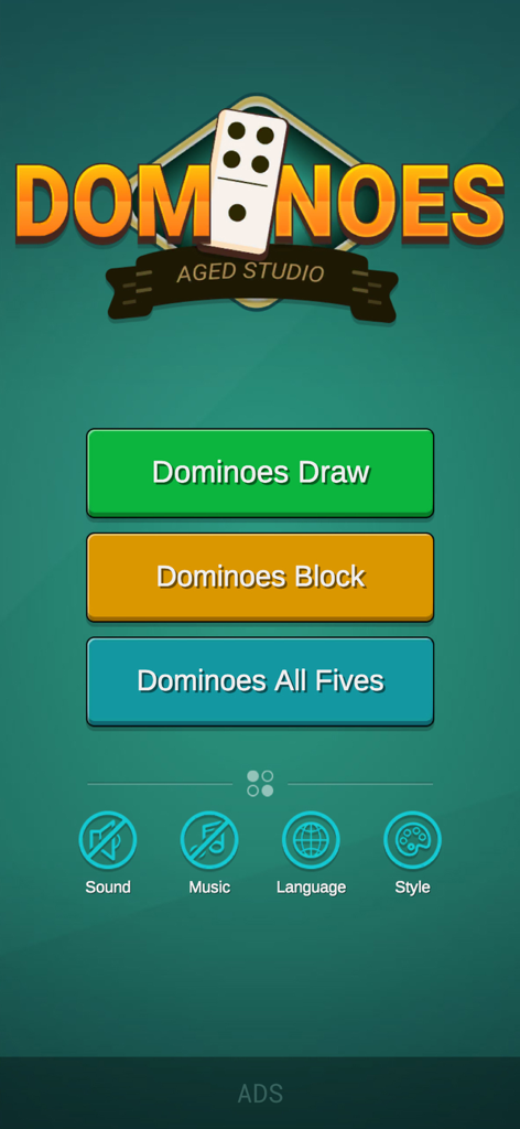 Menú principal de la aplicación móvil Dominoes Master que muestra los modos de juego Draw, Block y All Fives