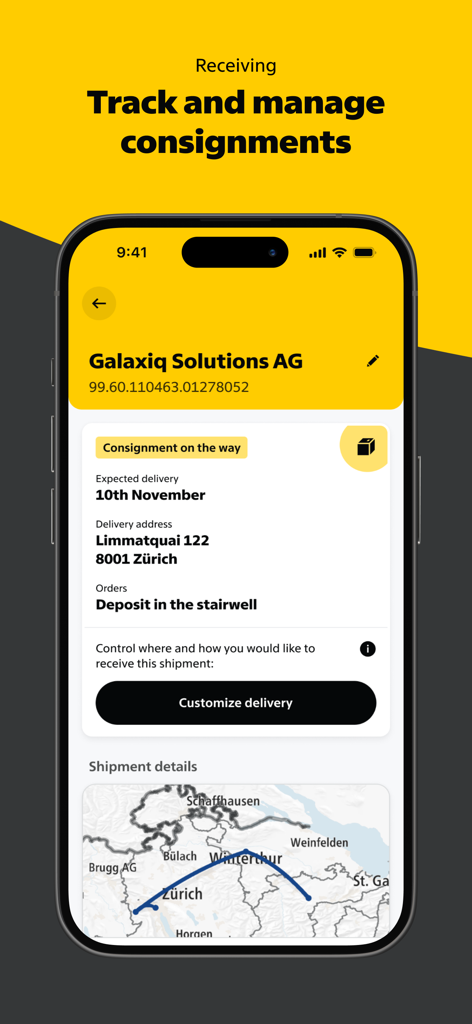 Swiss Post - Swiss Postアプリの貨物追跡インターフェイスで、配送詳細と出荷マップを表示