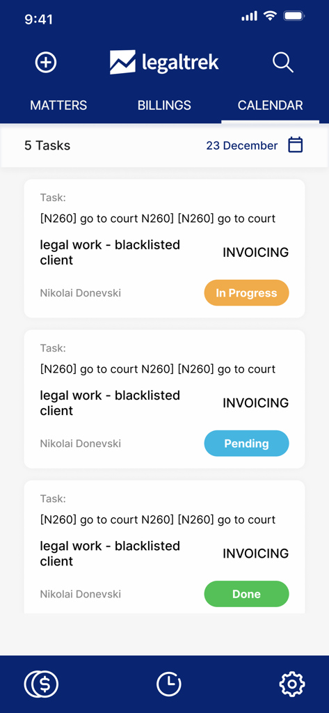 LegalTrek mobile - LegalTrek mobile app calendar interface showing professional task management for lawyers