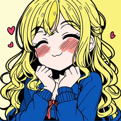anime girl blushing with a smile and long curly hair