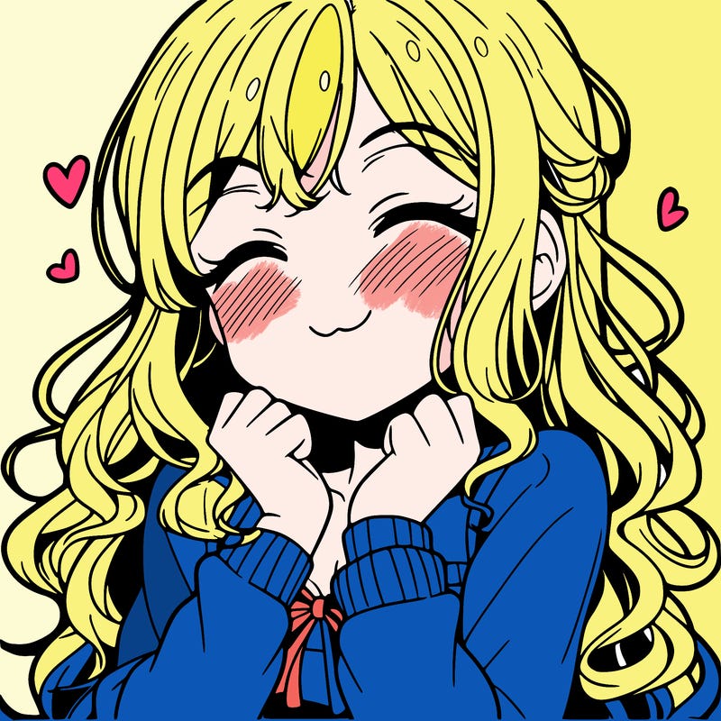 anime girl blushing with a smile and long curly hair