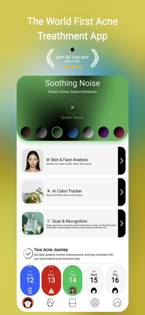 Hauptoberfläche der Acnetic-App, die KI-Hautanalyse und tägliche Akne-Tracking-Funktionen anzeigt.