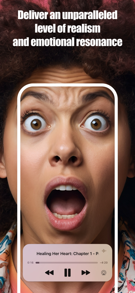 aiReader: AI Text to Speech - A smartphone displaying the aiReader audio player interface over a woman's expressive face to illustrate emotional resonance in AI voices.