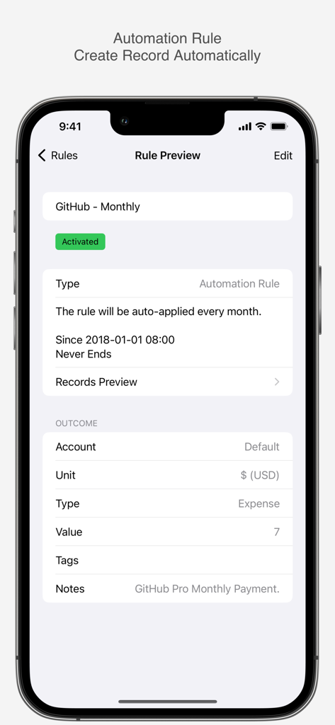 YeNom - Interface of the YeNom app showing a recurring monthly expense automation for a GitHub subscription.