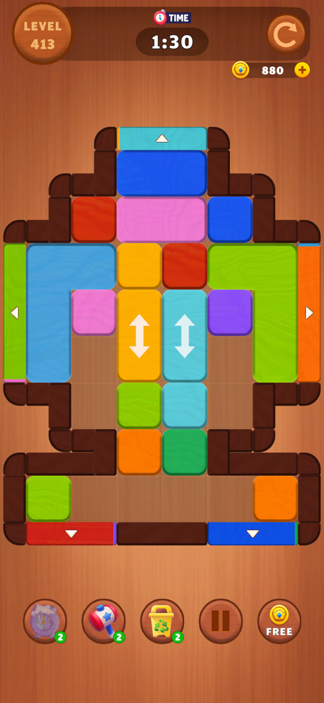 Wood Block Jam Master - A gameplay screenshot of the Wood Block Jam Master puzzle game featuring colorful sliding blocks on a wooden background