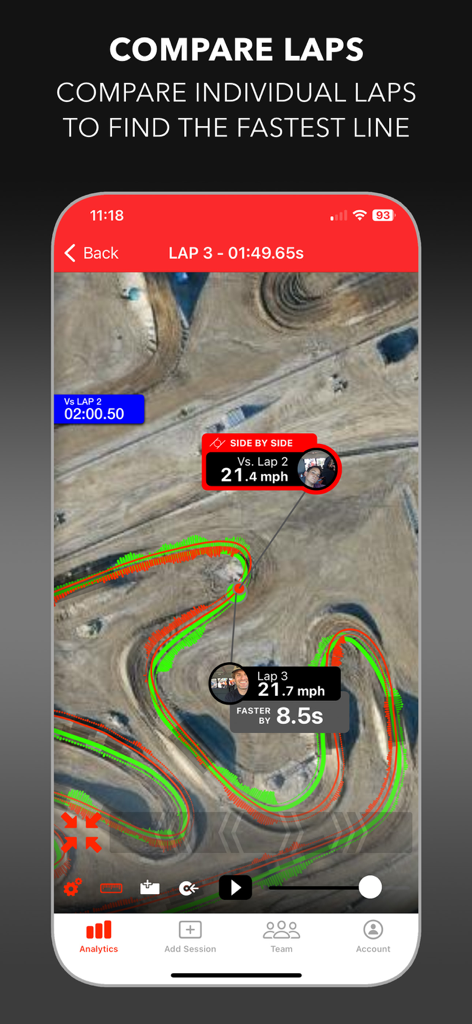 LITPro - GPS Lap Timer - LITPro app interface comparing GPS laps and speed on a motocross track map.