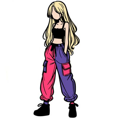 girl in baggy pants crop top and long hair