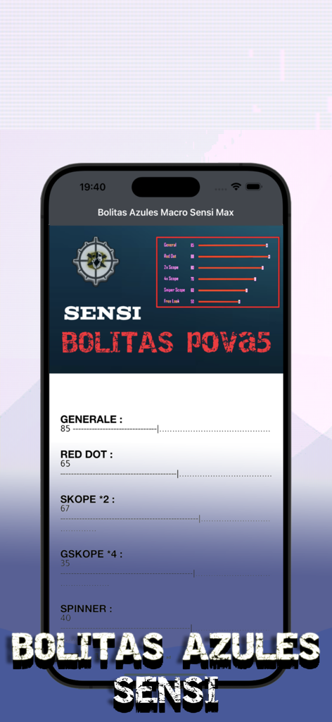 Interfaz de la aplicación móvil Bolitas Azules mostrando controles deslizantes de ajuste de sensibilidad para juegos