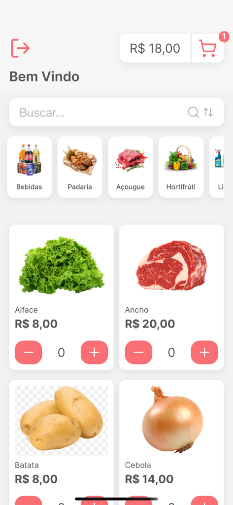 Interface de aplicativo móvel para HomeMarket mostrando várias categorias de mercearia e listagens de produtos para frutas, legumes e carnes frescas.