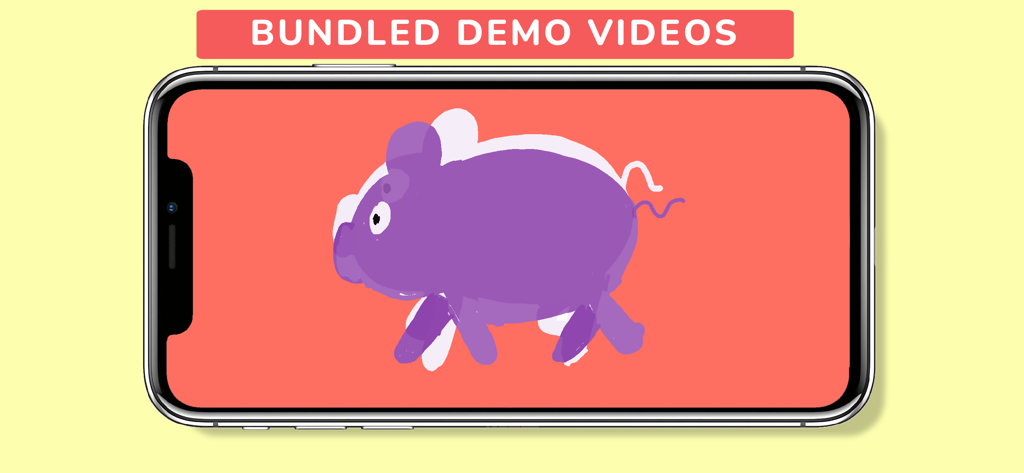 A bundled demo video showing a purple pig animation on a smartphone screen.