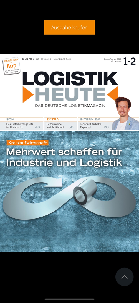 LOGISTIK HEUTE - Digital cover of LOGISTIK HEUTE magazine featuring a lead article on circular economy in the logistics industry.