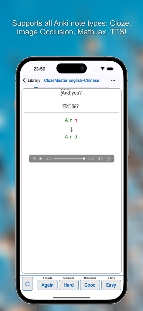 MemU –Smart Flashcard Learning - Captura de pantalla de la aplicación MemU que muestra una tarjeta de memoria cloze para el aprendizaje de idiomas con botones de revisión de repetición espaciada