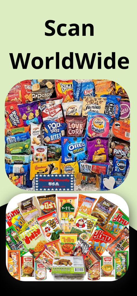 Uma variedade de lanches e produtos alimentícios de diferentes países sob o texto Digitalize Mundialmente