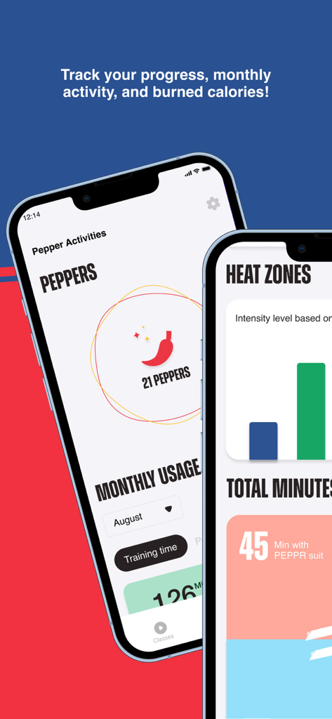 PEPPER: Home EMS Training - Pepper EMS Training App-Dashboard zeigt Trainingsfortschritt und monatliche Aktivitätsstatistiken an