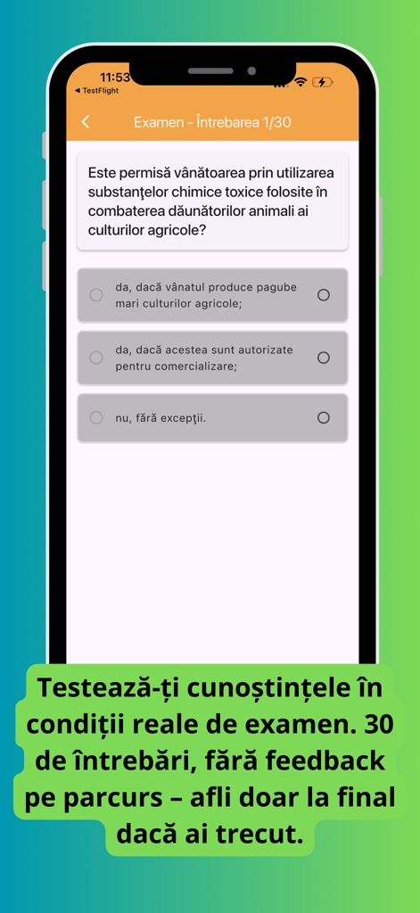 Romanian hunting license exam simulation screen with multiple choice questions