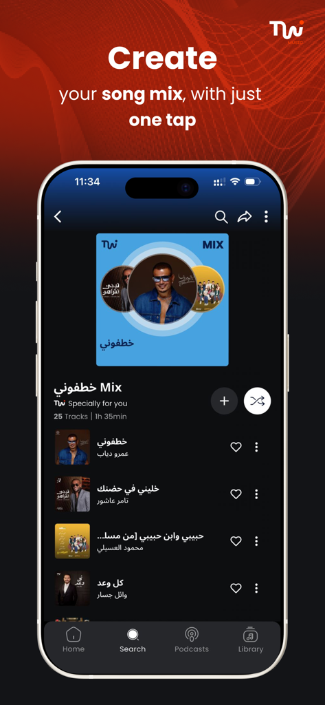 Twist Music, Podcast & Radio - Twist Music app interface showing a personalized song mix with Arabic pop hits