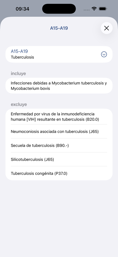 Pantalla de la aplicación CIE-10 que muestra códigos de clasificación de tuberculosis en español