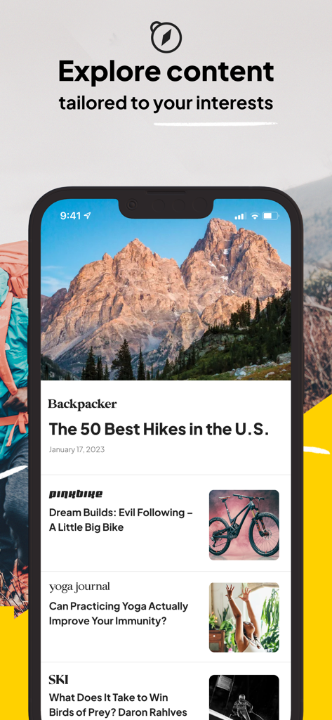Outsideアプリのパーソナライズされたフィードにハイキング、サイクリング、ヨガの記事が表示されている