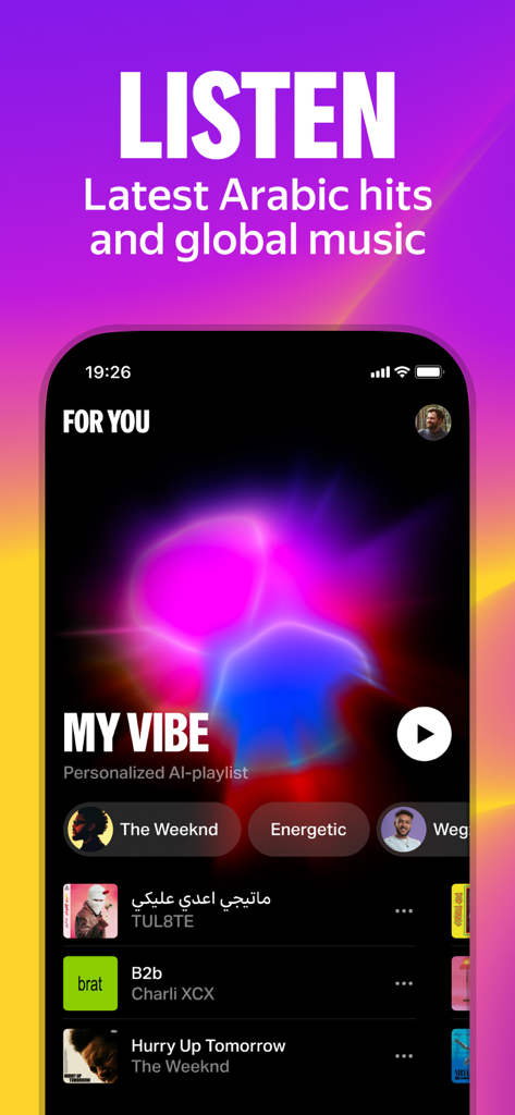 Yango Play: Movies and series - Interfaz de la aplicación Yango Play mostrando la lista de reproducción de música personalizada con IA 'My Vibe' con éxitos árabes y globales