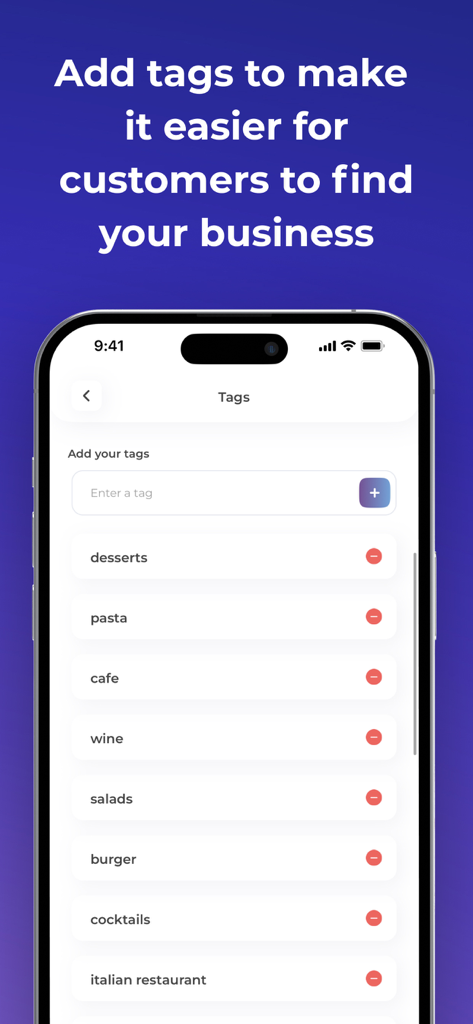 Pantalla de smartphone que muestra la función de gestión de etiquetas empresariales en la aplicación Smap.