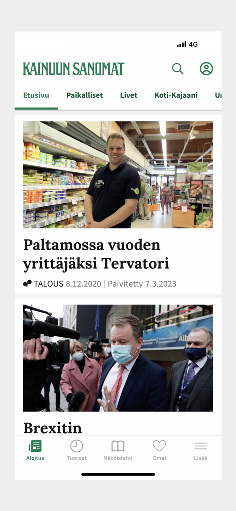 Feed principal de la aplicación de noticias Kainuun Sanomat que muestra titulares y artículos locales finlandeses.