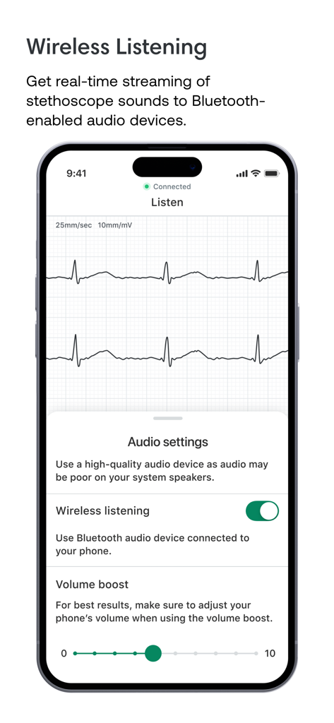 Eko app interface showing real-time heart sound waveform and wireless listening settings