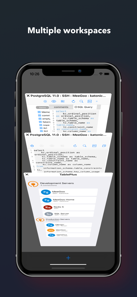 TablePlus app on an iPhone showing multiple active database connection workspaces including PostgreSQL and SQL Server