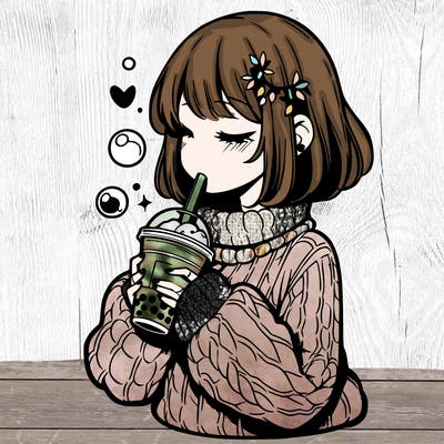 manga girl drinking boba in cozy sweater