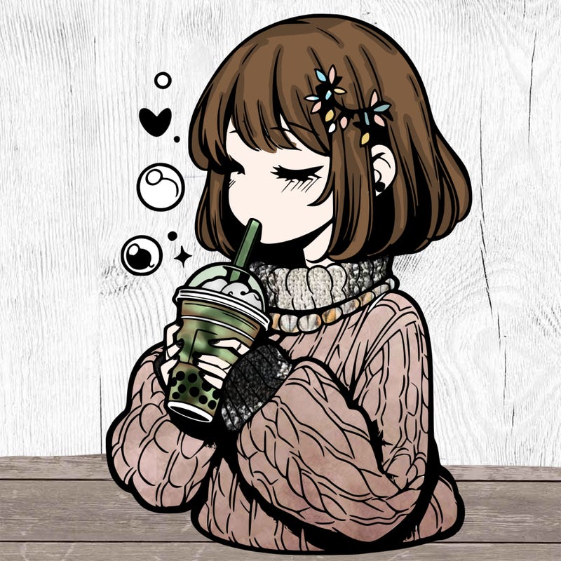 manga girl drinking boba in cozy sweater