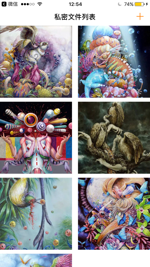 算计算器 - 算是计算器的小密相册 - Interface of a secret photo vault app showing a grid of artistic images under the title Private File List in Chinese