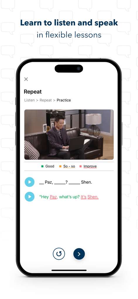 Learn English with WSE - Pantalla de práctica de habla y escucha de inglés en la aplicación móvil de Wall Street English