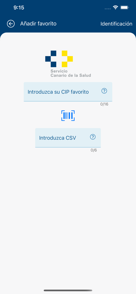 miCita previa - Identification screen in the miCita previa app to add a favorite profile using a health card number