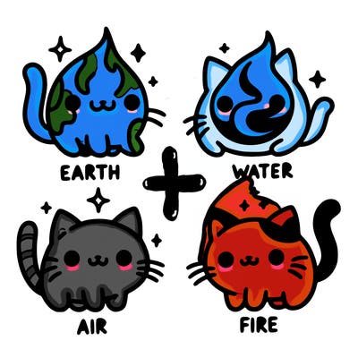 4 cats that represent the different elements, earth, water, air, and fire