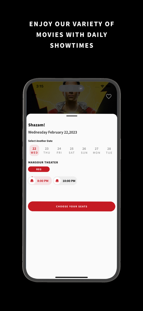 Interface de l'application Iraqi Cinema montrant les horaires des films et les options de réservation pour Shazam au Mansour Theater