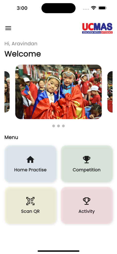 UCMAS Student App - Home screen of the UCMAS Student App showing user dashboard and navigation menu