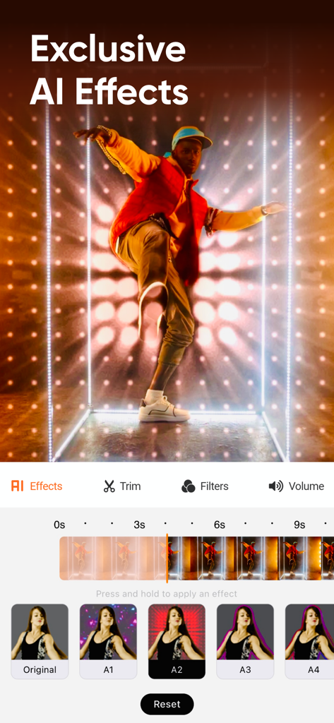 Add Music to Video Editor - A mobile video editor interface showcasing exclusive AI effects and a video editing timeline.