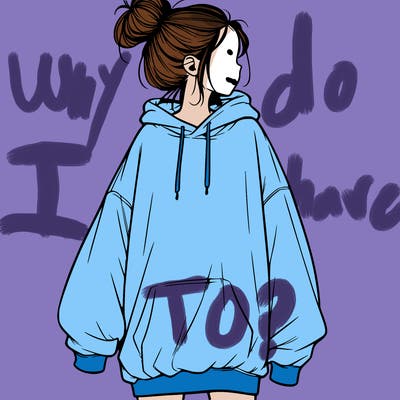realistic girl with a oversized sweatshirt on and a bun