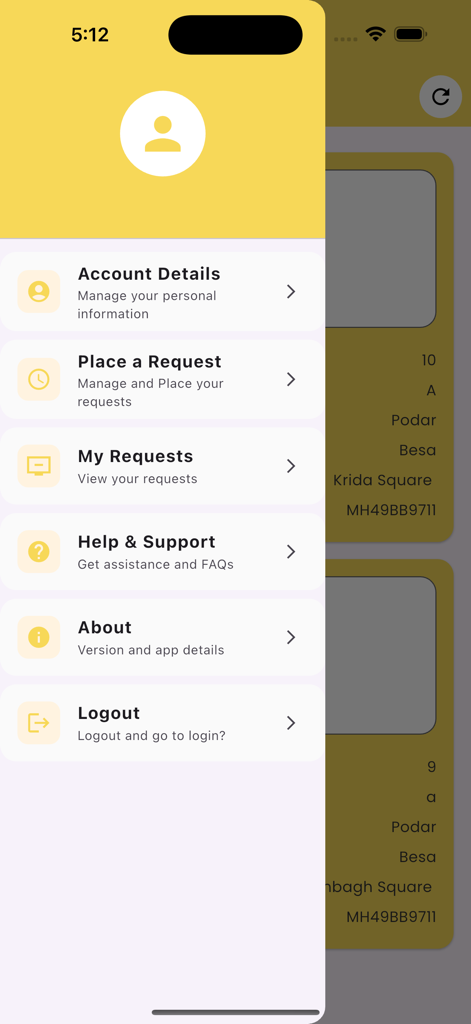ParentsEye Parent - Side menu of the ParentsEye Parent app showing account details requests help and support and logout options