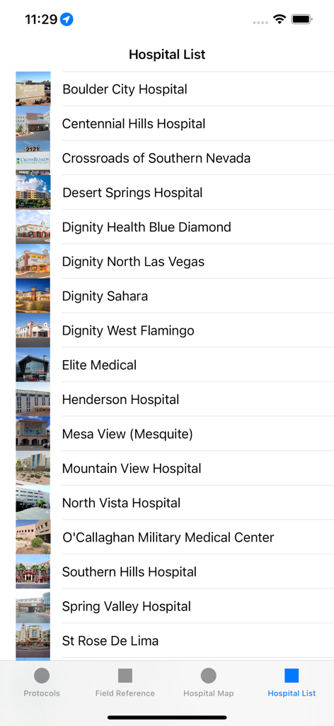 SNHD Protocols - A mobile screen showing a directory of Clark County hospitals in the SNHD Protocols app